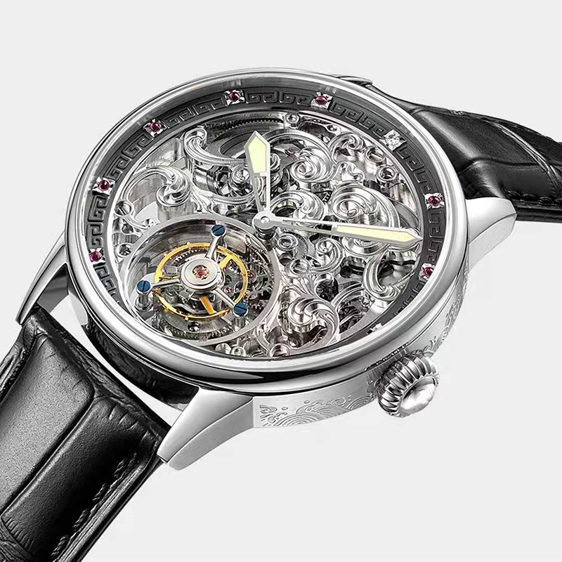 50MQ Silver Engraved Design Case Skeleton Tourbillon Genuine Gemstone Watch