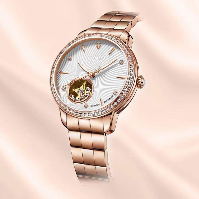 Luxury 18K Gold Skeleton Crystal Diamond Rose Gold Women's Watch